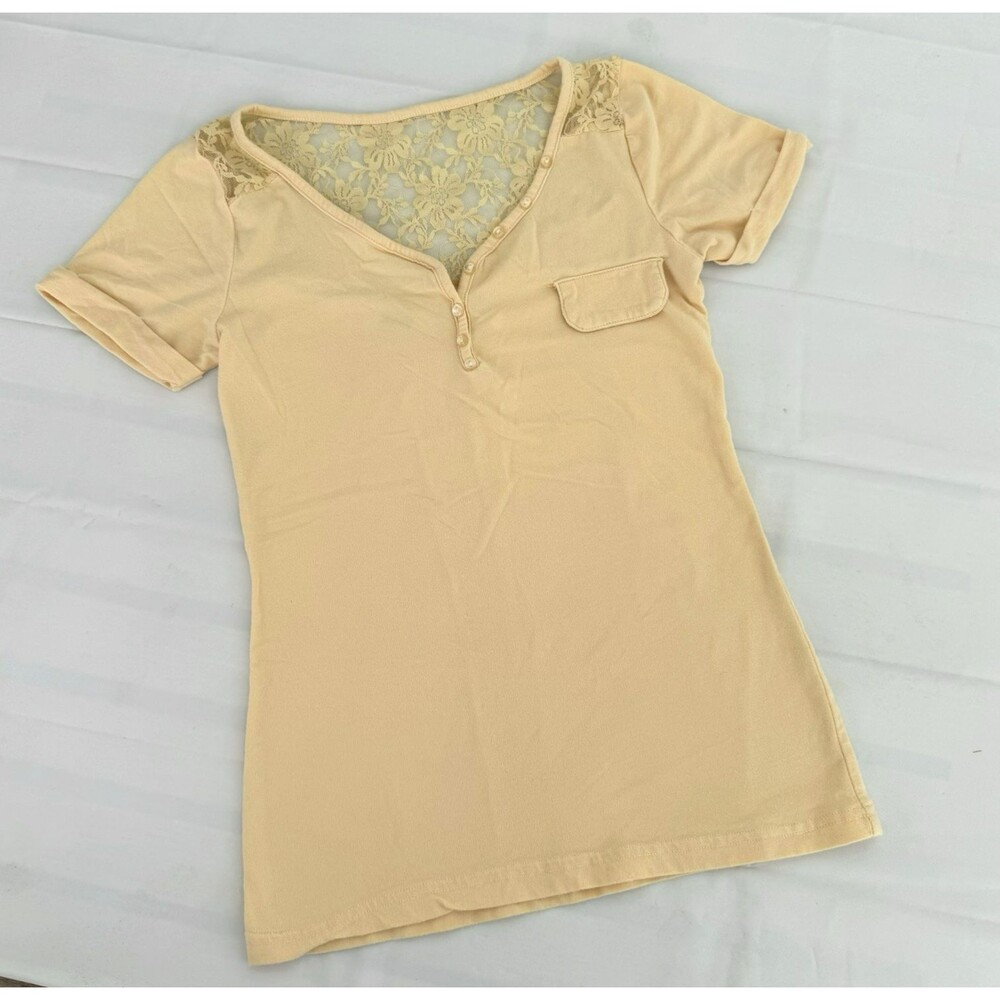 Y2K Junior's M Butter Yellow Baby Tee Shirt Soft Knit Dainty Lace Henley 2000